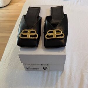 Balenciaga Black Mules with Gold Logo